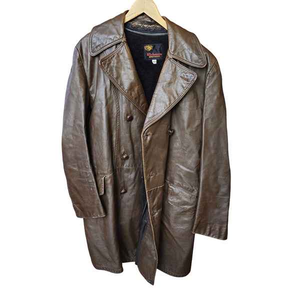 Vtg Richmand Brothers Double Breasted Belted Leather 70's Trench Coat Mens 42 - Picture 5 of 8